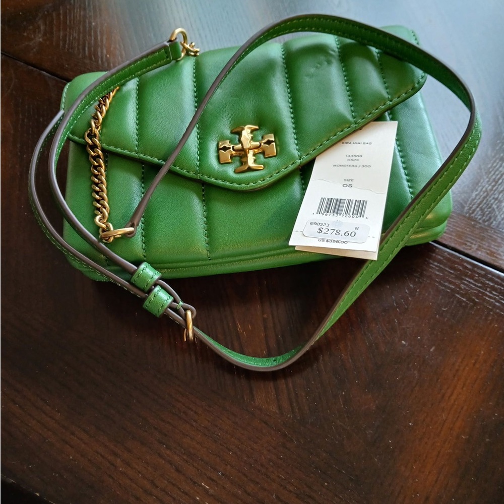 Tory Burch Green Gold Crossbody Bag with Chain Detail